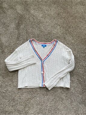 Prince Pickleball Cream Cable Knit 100% Cotton Cardigan Red & Blue Varsity Trim